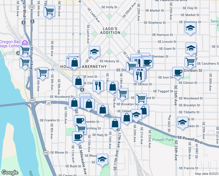 map of restaurants, bars, coffee shops, grocery stores, and more near 1603-1609 Southeast Taggart Street in Portland