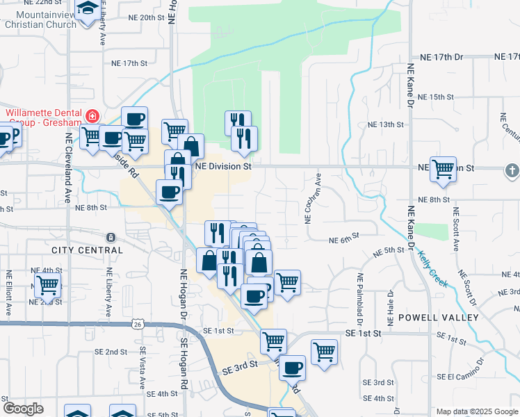 map of restaurants, bars, coffee shops, grocery stores, and more near 2312 Northeast 7th Court in Gresham