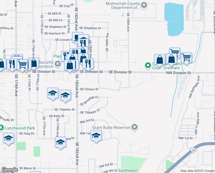 map of restaurants, bars, coffee shops, grocery stores, and more near 18640 Southeast Clinton Street in Gresham