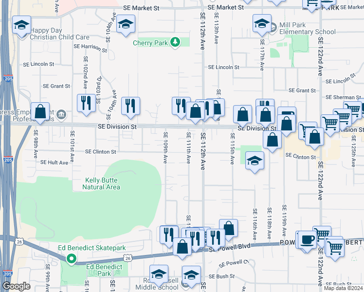 map of restaurants, bars, coffee shops, grocery stores, and more near 11022 Southeast Clinton Street in Portland
