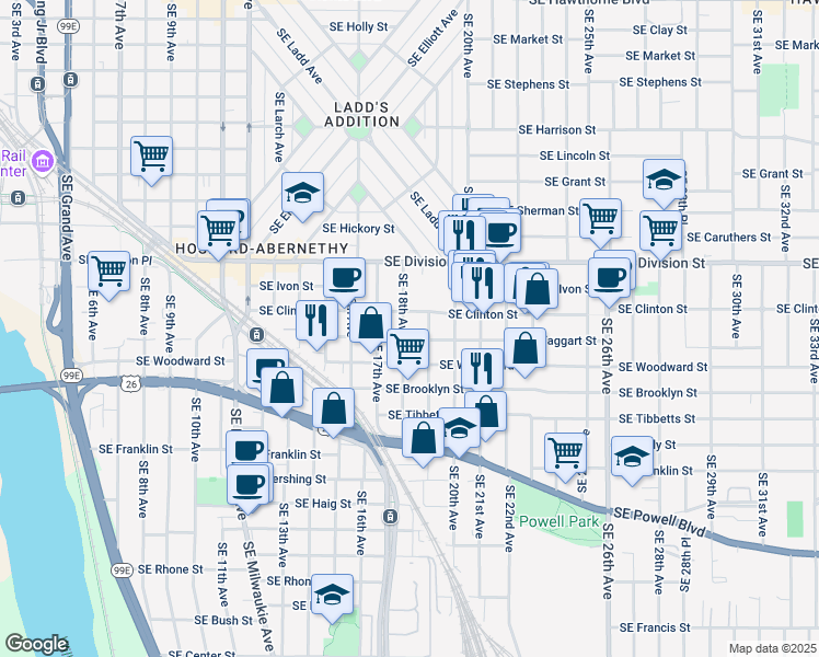 map of restaurants, bars, coffee shops, grocery stores, and more near 2808 Southeast 18th Avenue in Portland
