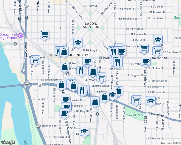 map of restaurants, bars, coffee shops, grocery stores, and more near in Portland