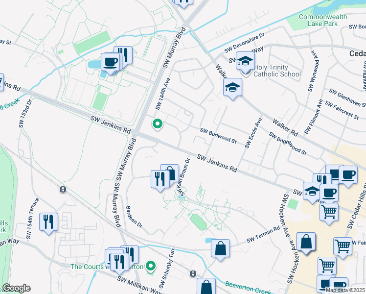 map of restaurants, bars, coffee shops, grocery stores, and more near 122 Southwest Jenkins Road in Beaverton