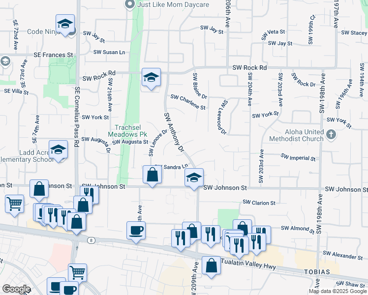 map of restaurants, bars, coffee shops, grocery stores, and more near 21046 Southwest Imperial Court in Beaverton