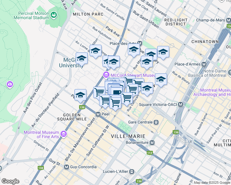 map of restaurants, bars, coffee shops, grocery stores, and more near in Montreal