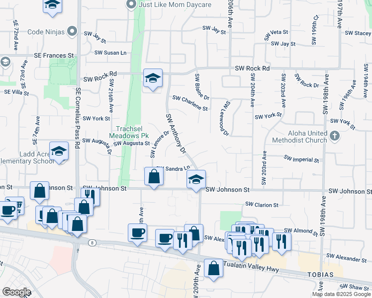 map of restaurants, bars, coffee shops, grocery stores, and more near 21046 Southwest Imperial Court in Beaverton