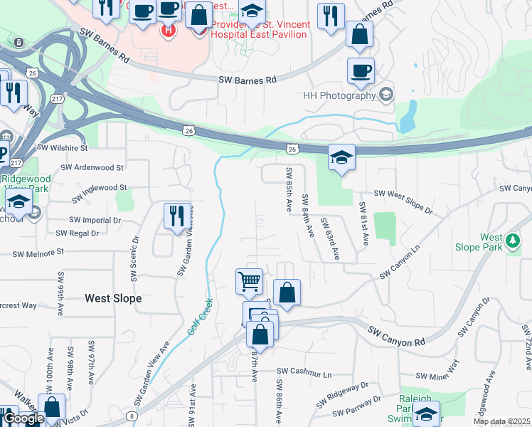 map of restaurants, bars, coffee shops, grocery stores, and more near 2340 Southwest 87th Avenue in Portland
