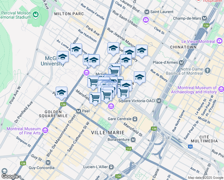 map of restaurants, bars, coffee shops, grocery stores, and more near 670 Sainte-Catherine Ouest in Montréal
