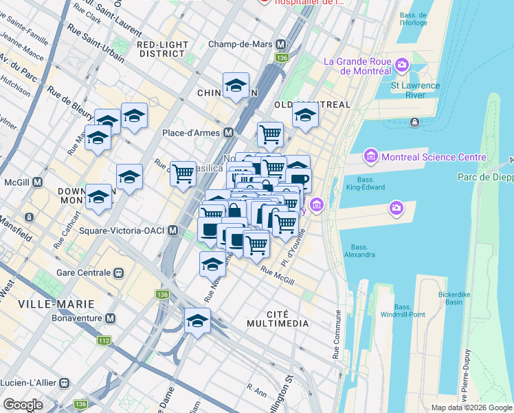 map of restaurants, bars, coffee shops, grocery stores, and more near 250 Rue Notre-Dame Ouest in Montréal