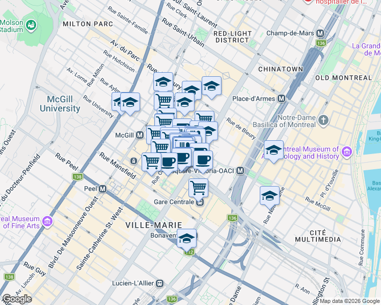 map of restaurants, bars, coffee shops, grocery stores, and more near 1188 Avenue Union in Montrã©Al