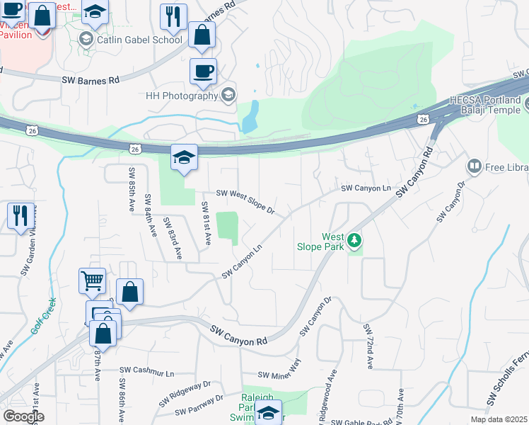map of restaurants, bars, coffee shops, grocery stores, and more near 7760 Southwest West Slope Drive in Portland