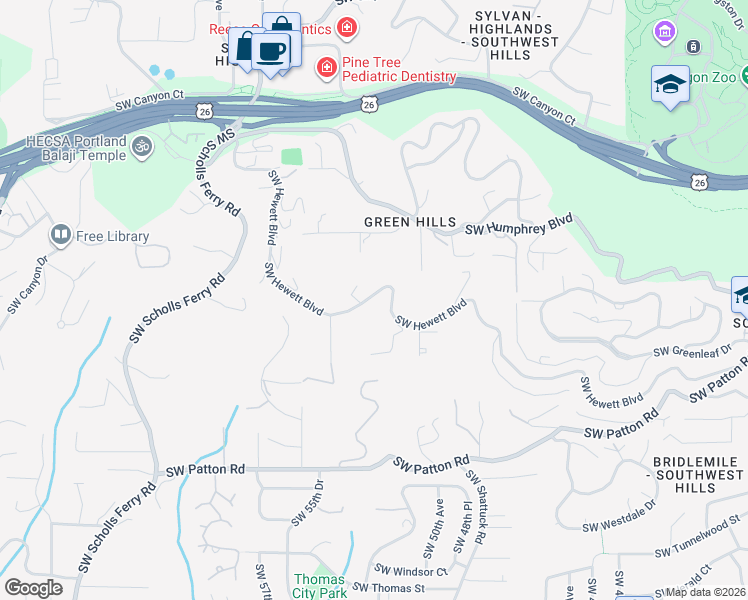 map of restaurants, bars, coffee shops, grocery stores, and more near 5210 Southwest Hewett Boulevard in Portland