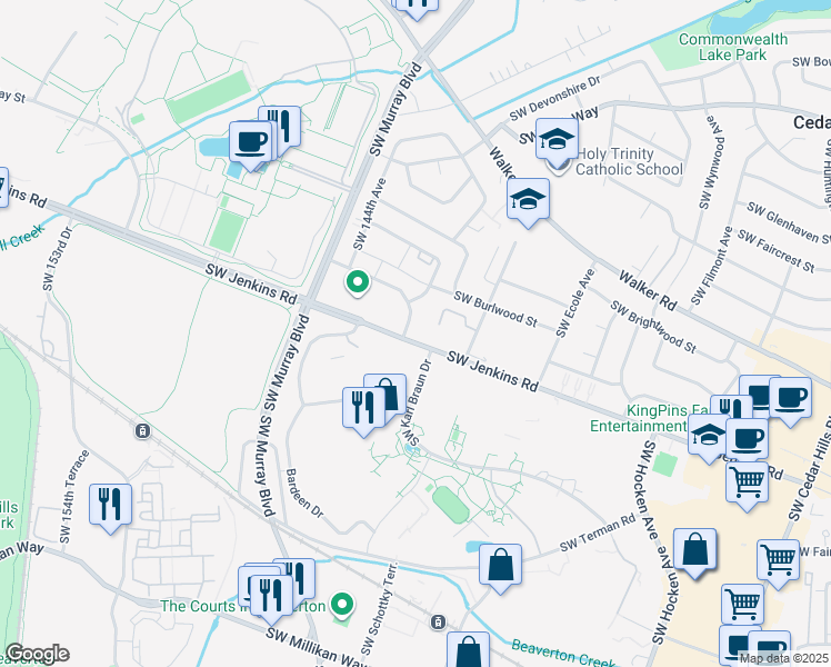 map of restaurants, bars, coffee shops, grocery stores, and more near 122 Southwest Jenkins Road in Beaverton
