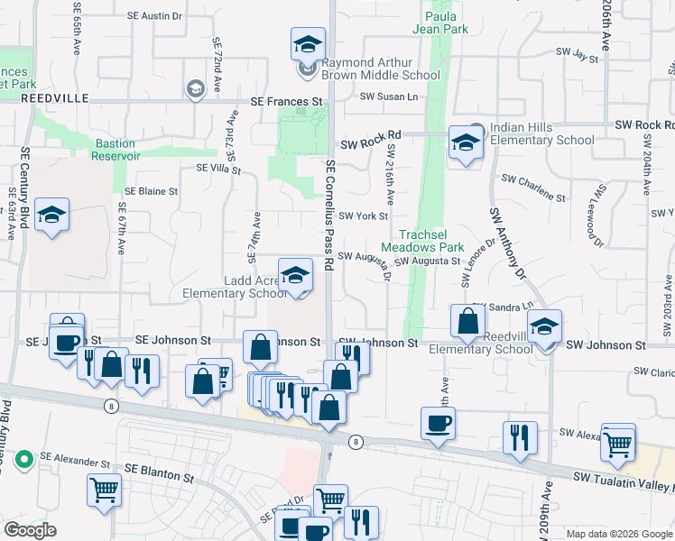 map of restaurants, bars, coffee shops, grocery stores, and more near 2297 Southwest 218th Drive in Beaverton