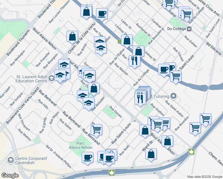 map of restaurants, bars, coffee shops, grocery stores, and more near 682 Rue du Caven Circle in Montréal