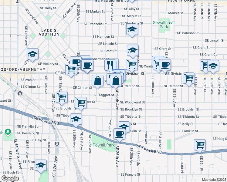 map of restaurants, bars, coffee shops, grocery stores, and more near 2805 Southeast 26th Avenue in Portland