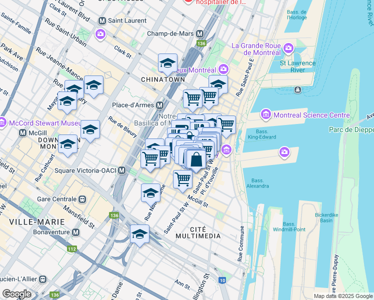 map of restaurants, bars, coffee shops, grocery stores, and more near in Montreal