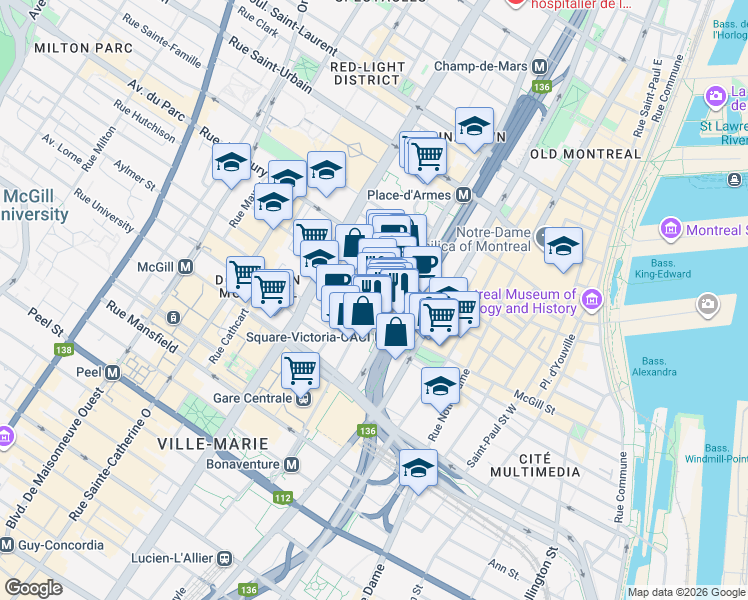 map of restaurants, bars, coffee shops, grocery stores, and more near 456 Rue De la Gauchetière Ouest in Montréal