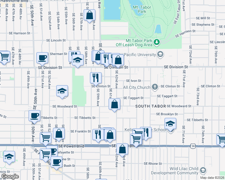 map of restaurants, bars, coffee shops, grocery stores, and more near 6106 Southeast Clinton Street in Portland