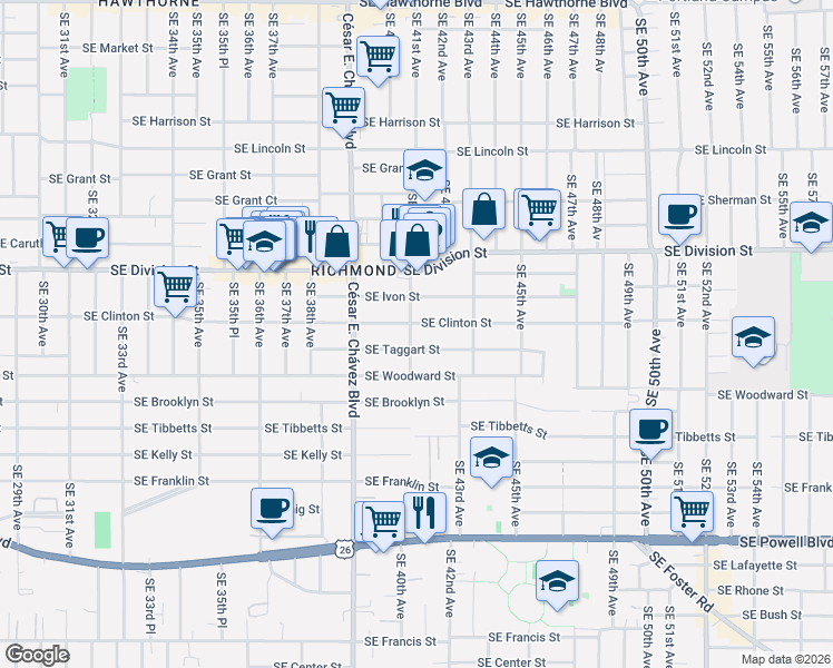 map of restaurants, bars, coffee shops, grocery stores, and more near 2750 Southeast 41st Avenue in Portland