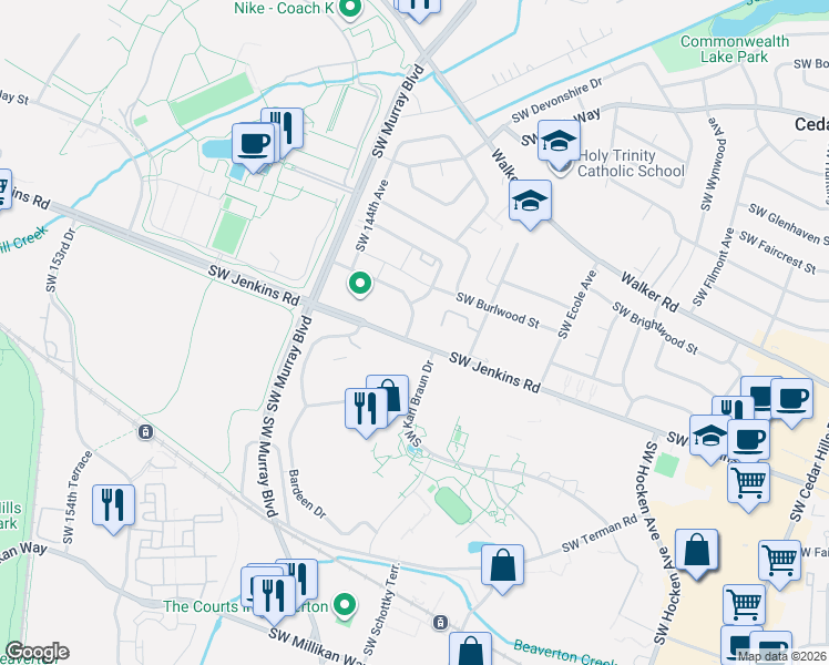 map of restaurants, bars, coffee shops, grocery stores, and more near 13905 Southwest Meridian Street in Beaverton