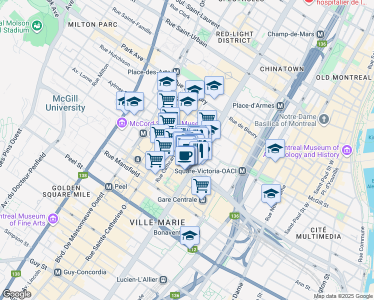 map of restaurants, bars, coffee shops, grocery stores, and more near 1206 Union Avenue in Montreal