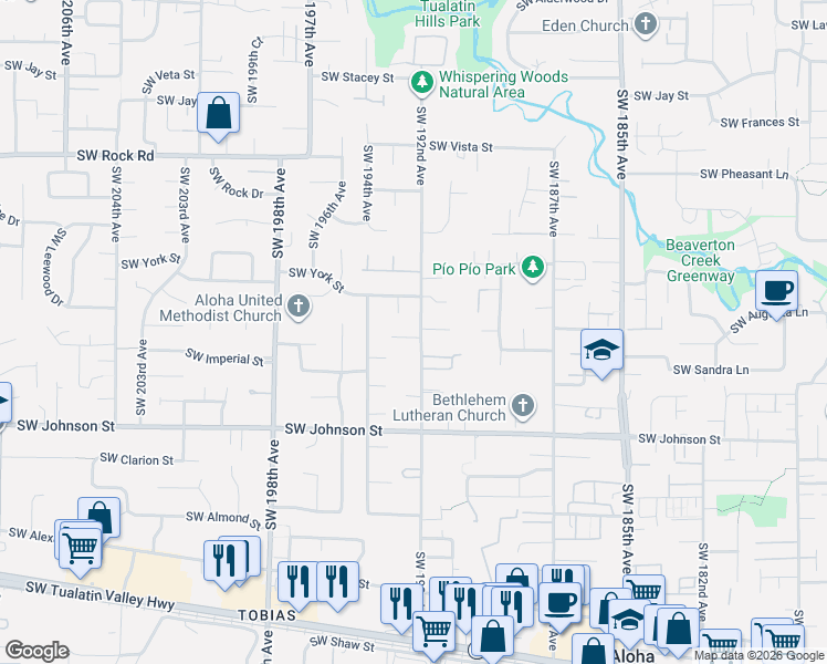 map of restaurants, bars, coffee shops, grocery stores, and more near 19235 Southwest Durell Court in Beaverton