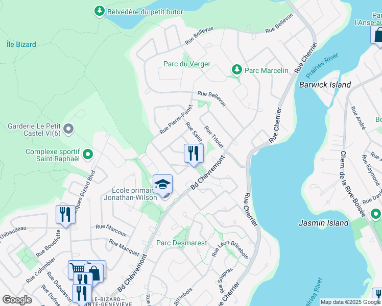 map of restaurants, bars, coffee shops, grocery stores, and more near 530 Rue du Port Saint Malo in Montréal