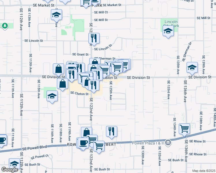 map of restaurants, bars, coffee shops, grocery stores, and more near 2729 Southeast 125th Avenue in Portland