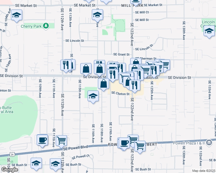 map of restaurants, bars, coffee shops, grocery stores, and more near 2641 Southeast 119th Avenue in Portland