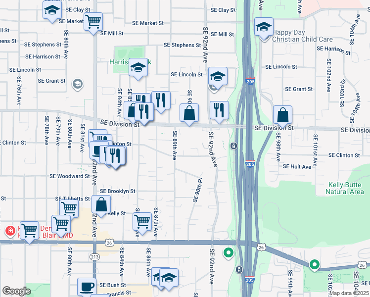 map of restaurants, bars, coffee shops, grocery stores, and more near 8930 Southeast Clinton Street in Portland