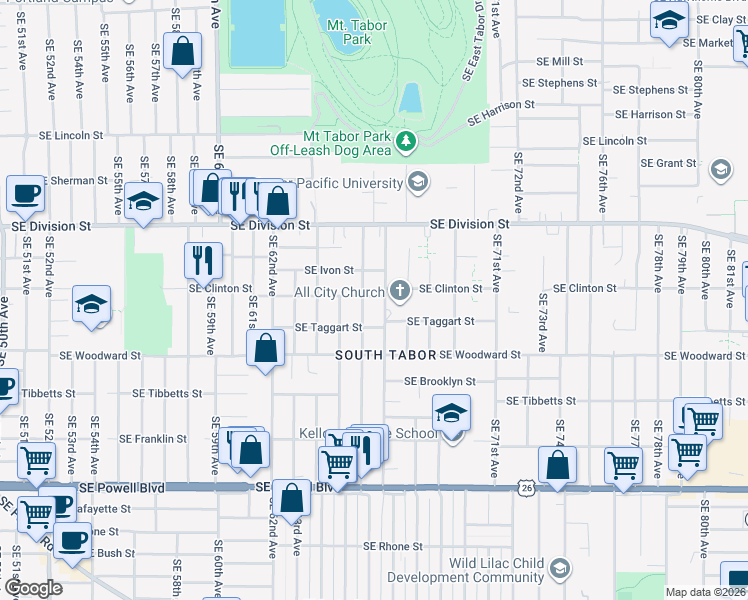 map of restaurants, bars, coffee shops, grocery stores, and more near 2749 Southeast 67th Avenue in Portland
