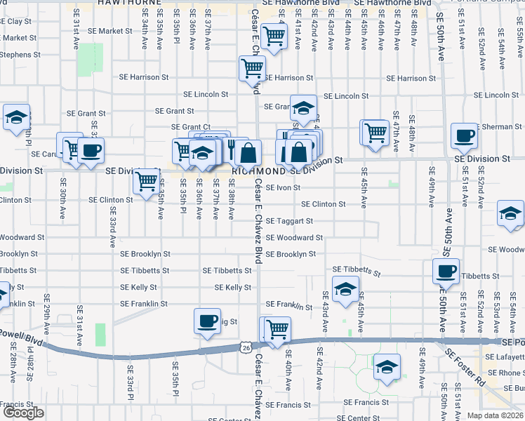 map of restaurants, bars, coffee shops, grocery stores, and more near 3926 Southeast Taggart Street in Portland