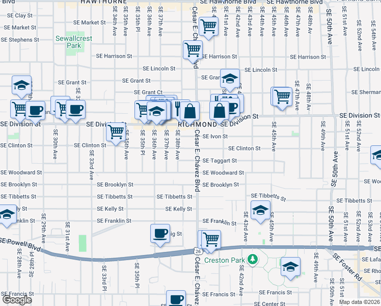 map of restaurants, bars, coffee shops, grocery stores, and more near 3840 Southeast Taggart Street in Portland