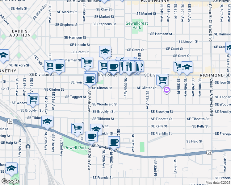 map of restaurants, bars, coffee shops, grocery stores, and more near 2907 Southeast Taggart Street in Portland