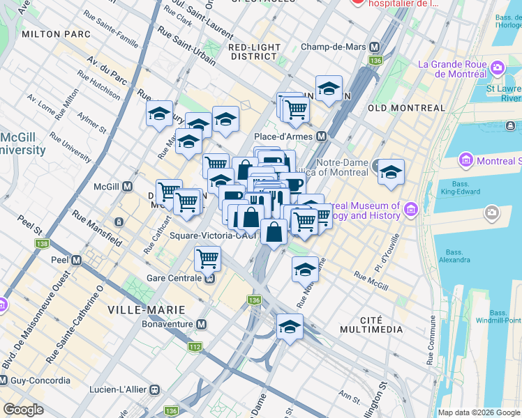 map of restaurants, bars, coffee shops, grocery stores, and more near 454 Rue De la Gauchetière Ouest in Montréal