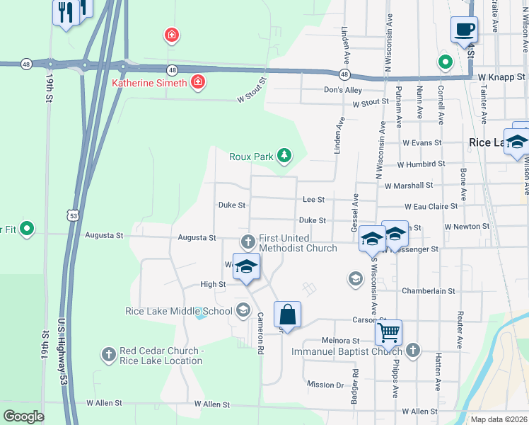 map of restaurants, bars, coffee shops, grocery stores, and more near 1212 Duke Street in Rice Lake