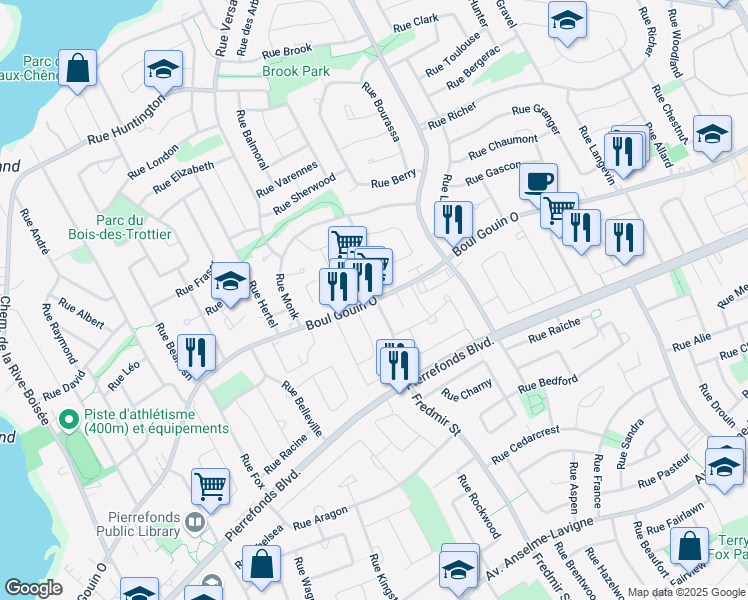 map of restaurants, bars, coffee shops, grocery stores, and more near 13057 Boulevard Gouin Ouest in Montréal