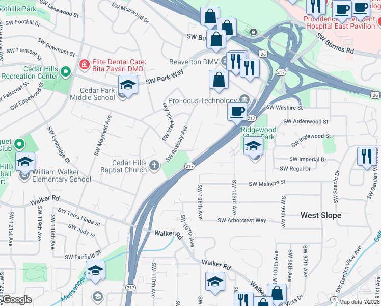 map of restaurants, bars, coffee shops, grocery stores, and more near 10678 Southwest Berkshire Street in Portland