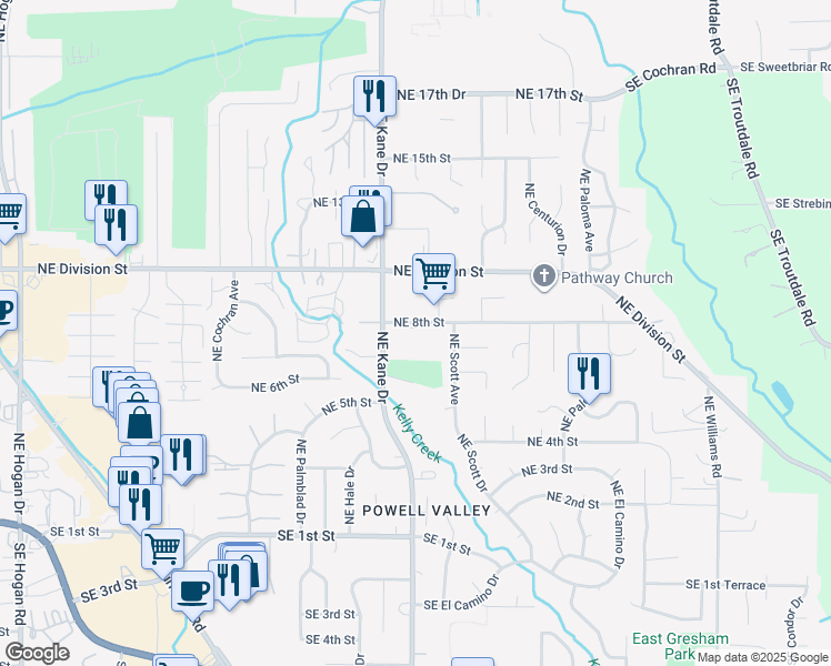 map of restaurants, bars, coffee shops, grocery stores, and more near 3320 Northeast 8th Street in Gresham