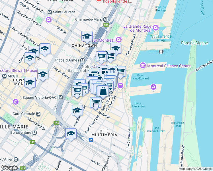 map of restaurants, bars, coffee shops, grocery stores, and more near 455 Rue Saint-Jean in Montréal