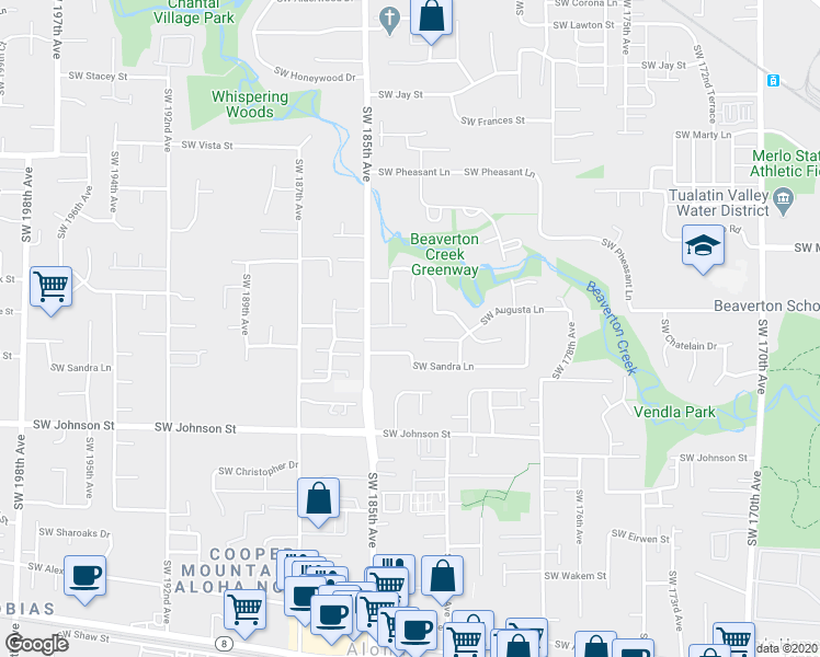 map of restaurants, bars, coffee shops, grocery stores, and more near 18280 Southwest Augusta Lane in Beaverton