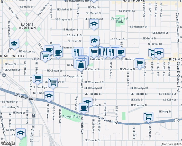 map of restaurants, bars, coffee shops, grocery stores, and more near 2717 Southeast 28th Avenue in Portland