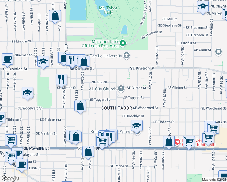 map of restaurants, bars, coffee shops, grocery stores, and more near 2749 Southeast 67th Avenue in Portland