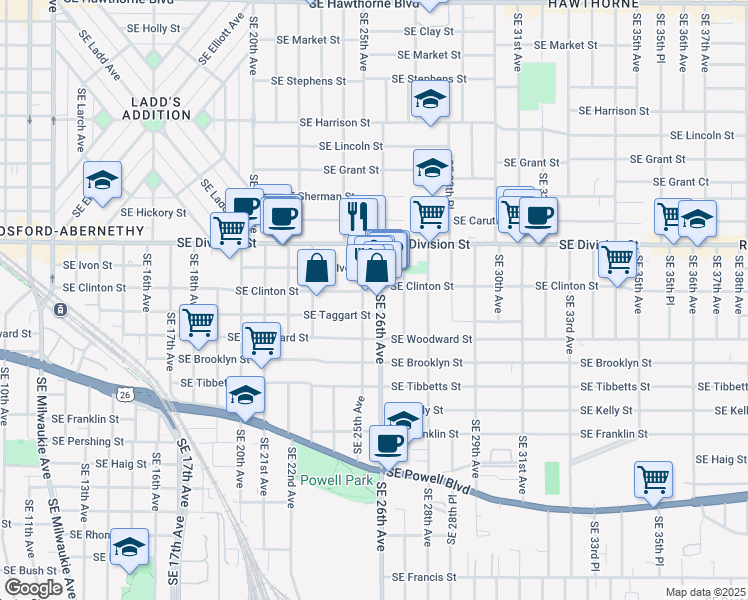 map of restaurants, bars, coffee shops, grocery stores, and more near 2805 Southeast 26th Avenue in Portland