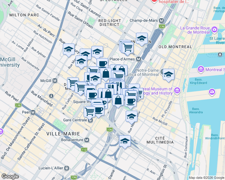 map of restaurants, bars, coffee shops, grocery stores, and more near 454 Rue De la Gauchetière Ouest in Montréal