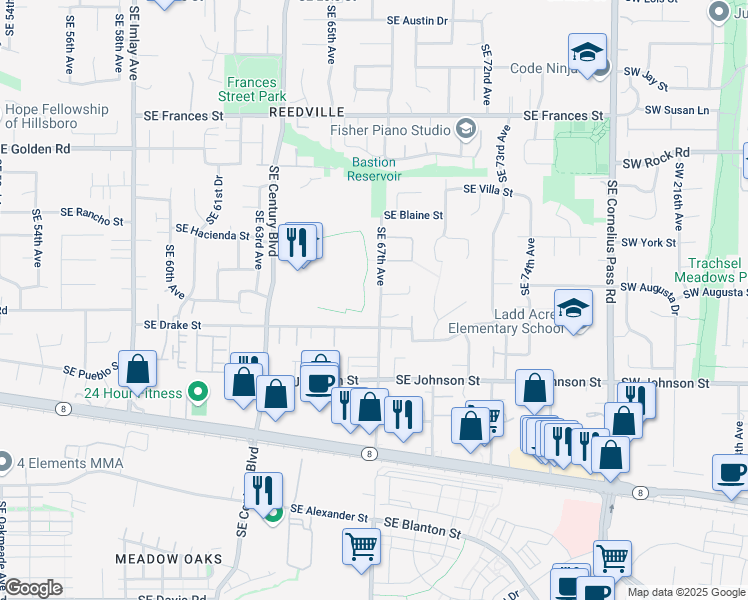 map of restaurants, bars, coffee shops, grocery stores, and more near 2297 Southeast 67th Avenue in Hillsboro