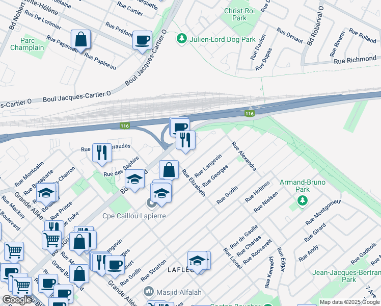 map of restaurants, bars, coffee shops, grocery stores, and more near in Longueuil