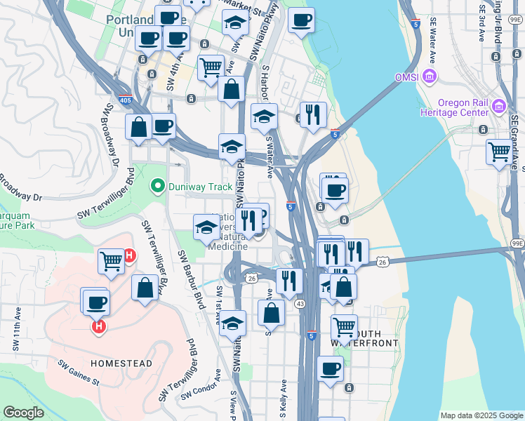 map of restaurants, bars, coffee shops, grocery stores, and more near 0103 Southwest Meade Street in Portland