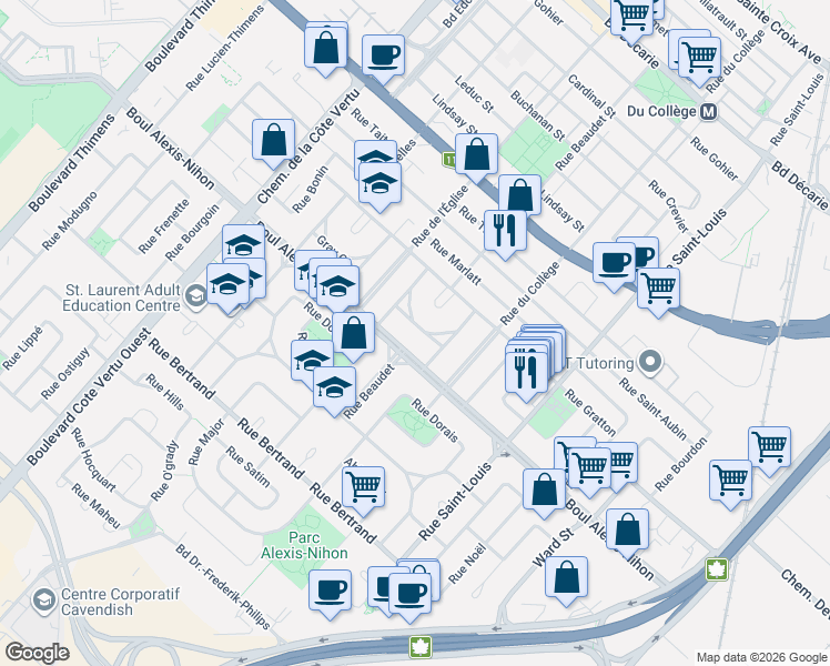 map of restaurants, bars, coffee shops, grocery stores, and more near 690 Rue du Caven Circle in Montréal
